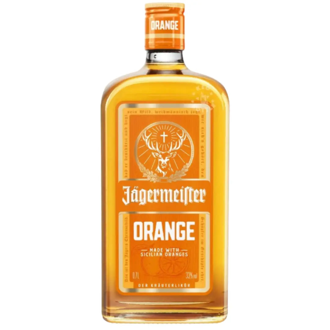 Jagermeister Orange Herbal Liqueur 700mL features a bright orange liquid, an orange label with the Jagermeister logo, and "Orange" text. It's made with Sicilian oranges.