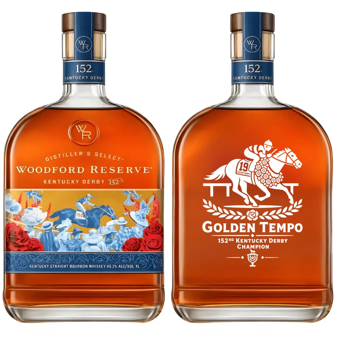 The Woodford Reserve Derby Bundle features two custom bottles: the Kentucky Derby 152 Edition “Golden Tempo” and Double Oaked Single Barrel “BML,” both engraved with floral, horse racing, and jockey art to honor the bourbon champion.