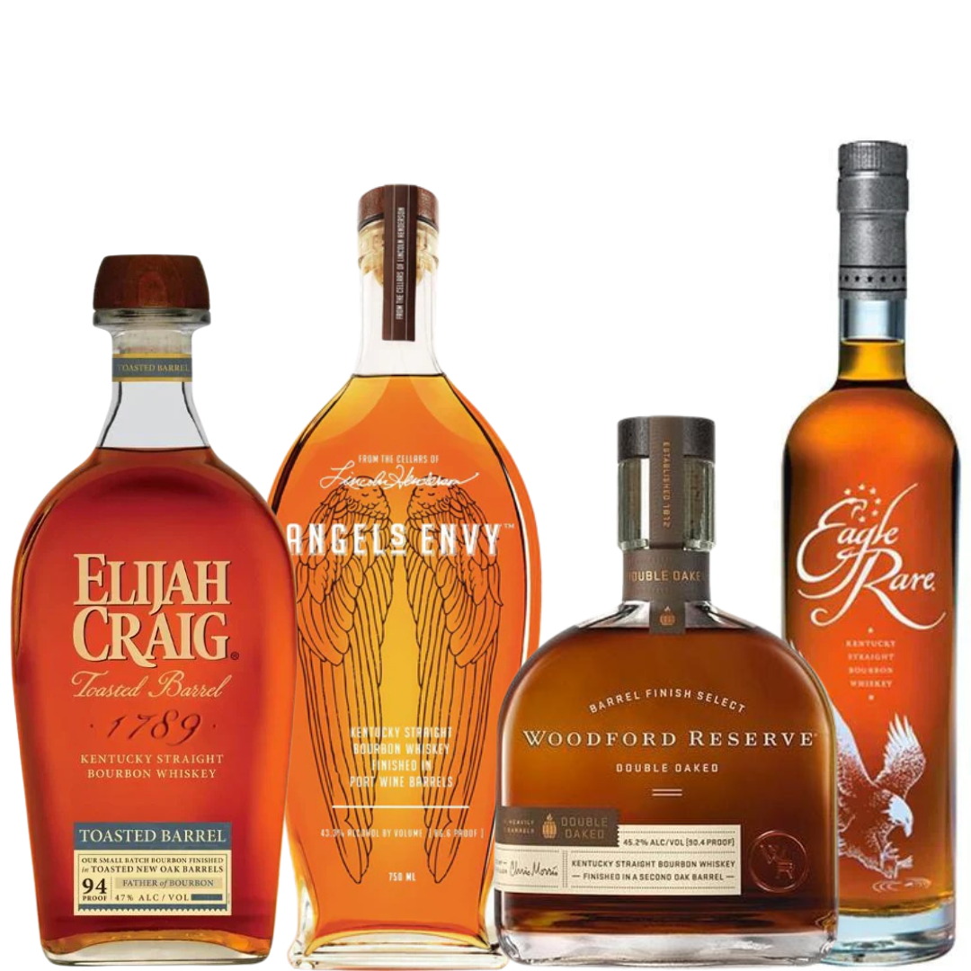 The Main Street Liquor Bourbon Collector Starter Pack features Angel’s Envy, Eagle Rare 10 Year, Woodford Reserve Double Oaked, and Elijah Craig Toasted Barrel—four standout Kentucky bourbons displayed upright against a white background.
