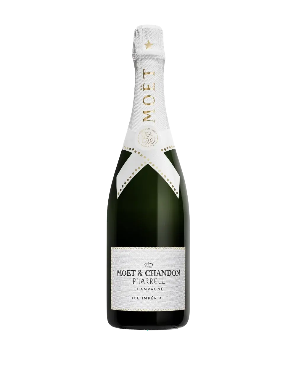 A bottle of Moët &amp; Chandon x Pharrell Williams Ice Impérial Limited Edition Champagne, featuring a white and gold label with gold accents and a white neck wrap displaying the Moët &amp; Chandon brand name and logo.