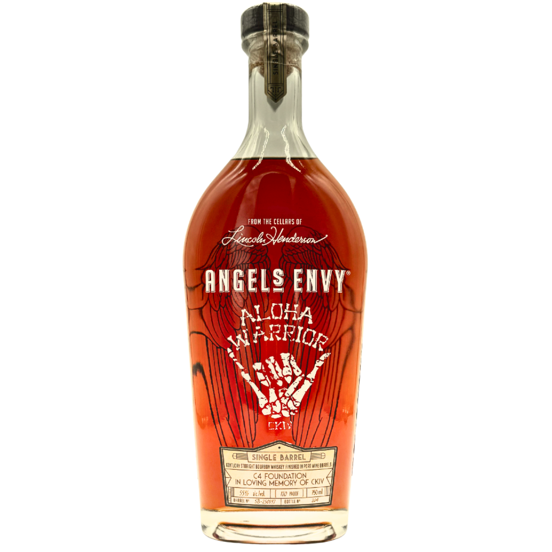 A wax-sealed bottle of Angel's Envy Aloha Warrior C4 Foundation Single Barrel Bourbon features a shaka-throwing skeletal hand and honors Navy SEAL heritage in partnership with the C4 Foundation.
