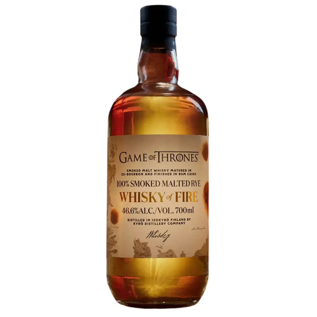 A 700mL bottle of Kyrö x Game of Thrones Whisky of Fire (PRE-ORDER) by Kyro Distillery, made from 100% smoked malted rye, 46.6% ABV, features brown liquid and a black cap.