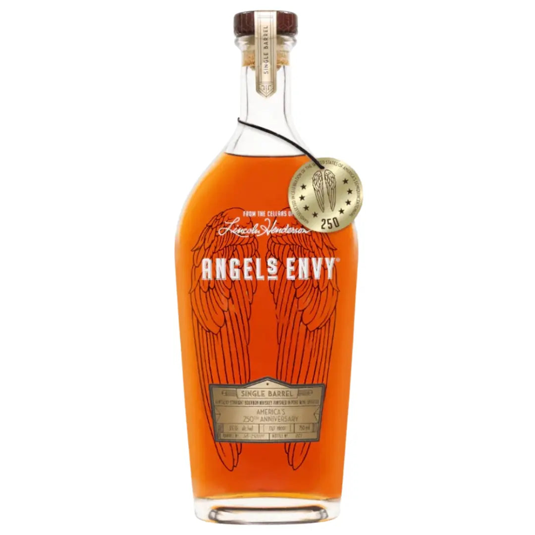 A collectible bottle of Angel’s Envy Single Barrel America’s 250th Anniversary Bourbon, with orange-brown whiskey, gold angel wings on the glass, and a round gold “250” tag—celebrating America’s milestone.