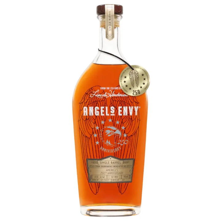 Angel’s Envy Single Barrel America’s 250th Anniversary Bourbon features an etched wing design, gold label, and special anniversary medallion—a collectible release from Angel’s Envy for true whiskey enthusiasts.