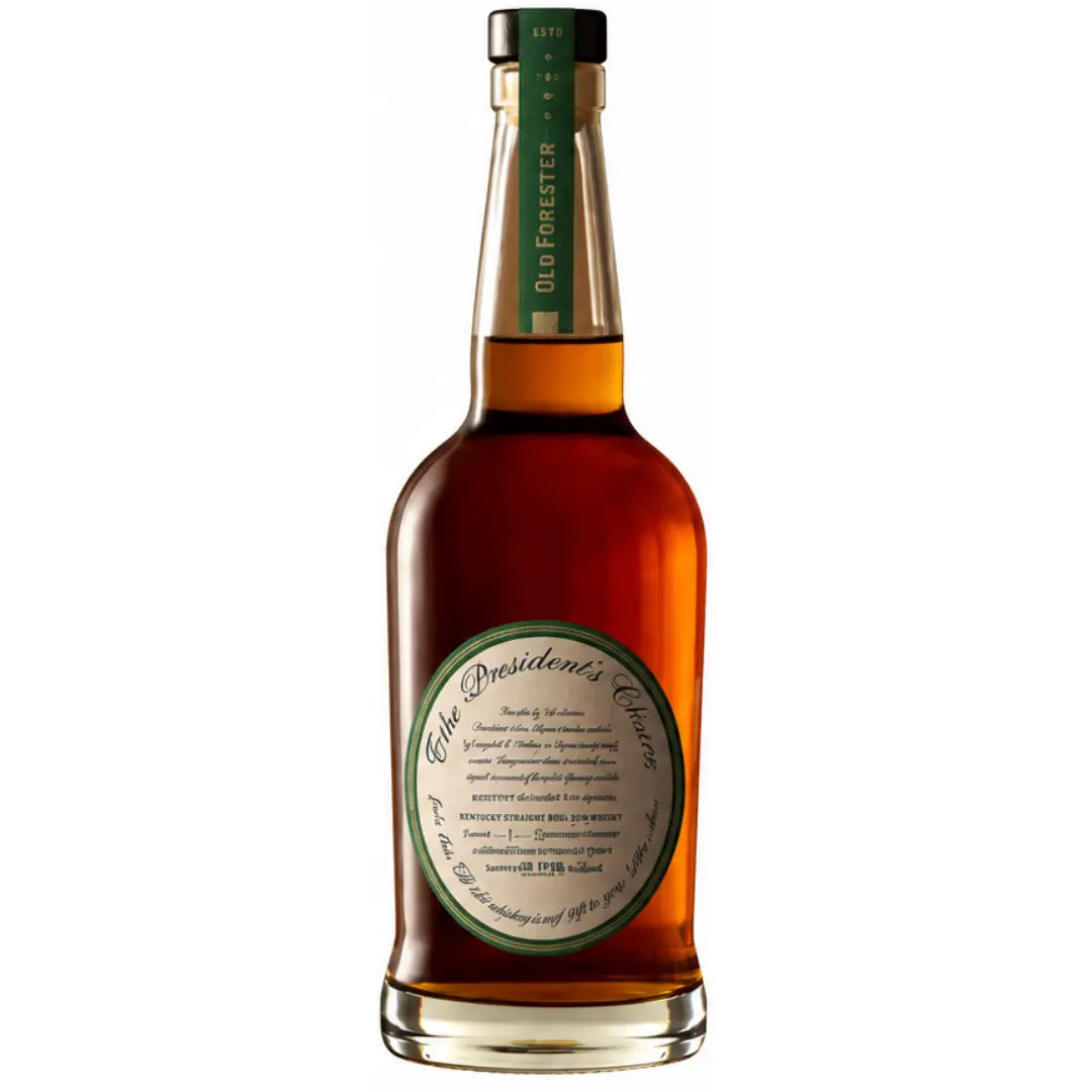 A bottle of Old Forester President's Choice Kentucky Straight Rye Whiskey 2026 (700mL) showcases amber liquid, a green and gold neck label, and a circular front label with elegant cursive script.