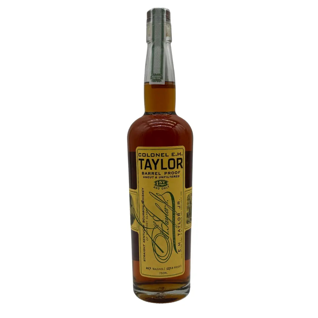 A bottle of Colonel E.H. Taylor, Jr. Barrel Proof Bourbon Batch 14 127.4 Proof stands upright on a white background, featuring a yellow label with black text and silver foil seal—crafted by the renowned Colonel E.H. Taylor brand.