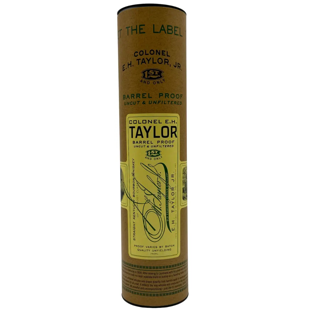 A cylindrical brown container with a yellow label for Colonel E.H. Taylor, Jr. Barrel Proof Bourbon Batch 14 127.4 Proof, showcasing the Colonel E.H. Taylor brand and product details.