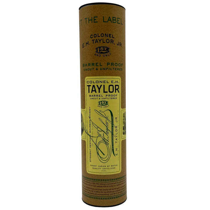 A cylindrical brown container with a yellow label for Colonel E.H. Taylor, Jr. Barrel Proof Bourbon Batch 14 127.4 Proof, showcasing the Colonel E.H. Taylor brand and product details.