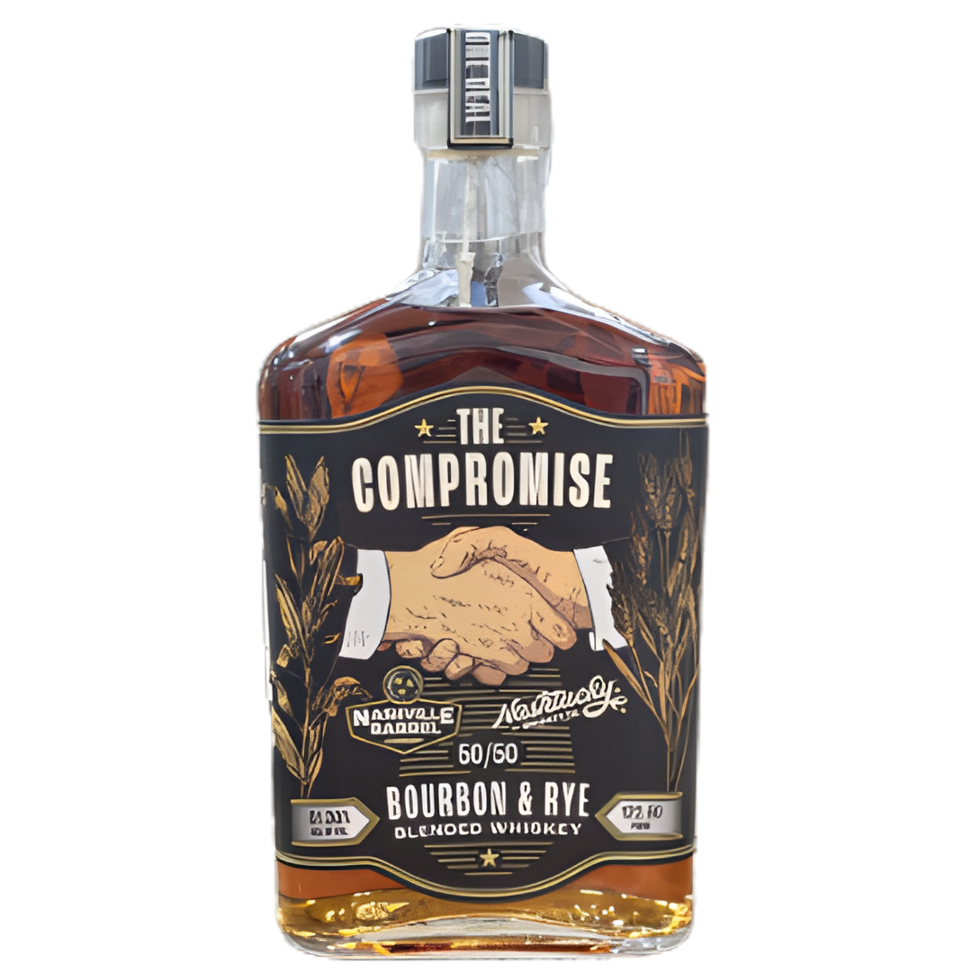 A bottle of Nashville Barrel Company The Compromise 50/50 Bourbon & Rye Blended Whiskey, a limited-release at 47.1% ABV, featuring a label with two hands shaking and golden wheat illustrations.
