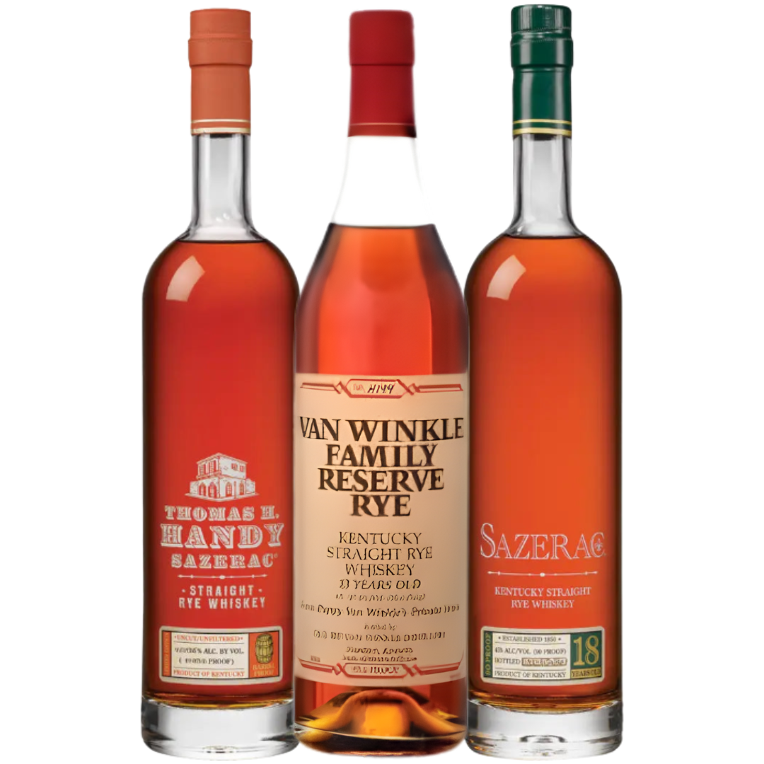 The Sazerac Ultimate Rye Whiskey Bundle includes Thomas H. Handy, Sazerac 18, and Van Winkle Family Reserve Rye—three bottles with unique labels and rich amber color.
