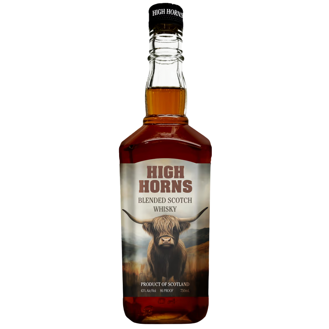A 750ml bottle of High Horns Scotch Premium Blended Scotch Whisky, featuring a Highland cow on the label against a misty landscape, proudly displays "Product of Scotland." Brand: High Horns.