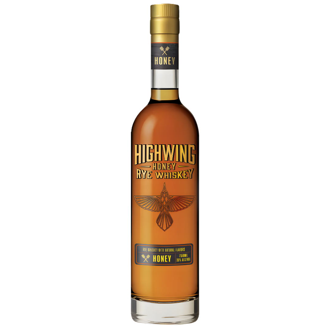 A tall bottle of HIGH WING’s HIGHWING Honey Rye Whiskey features a gold cap, amber whiskey, and a label with a gold flying bird and bold yellow text.