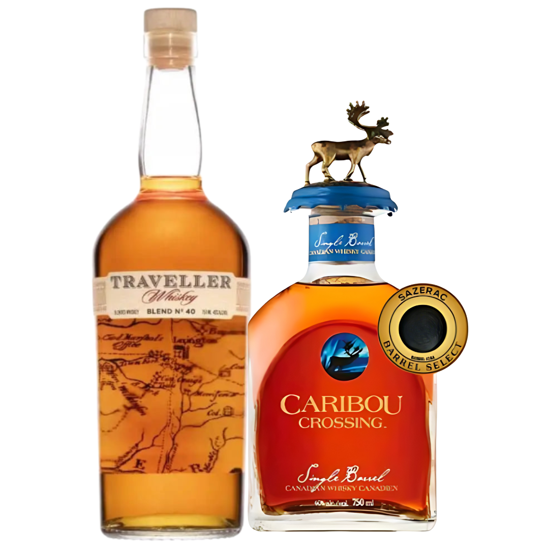 Main Street Liquor’s Caribou Crossing Single Barrel Private Barrel Pick + Traveller Whiskey Bundle includes a map-themed Traveller Blend No. 40 and Caribou Crossing, featuring a blue cap with gold caribou and Sazerac Drifel Select badge.