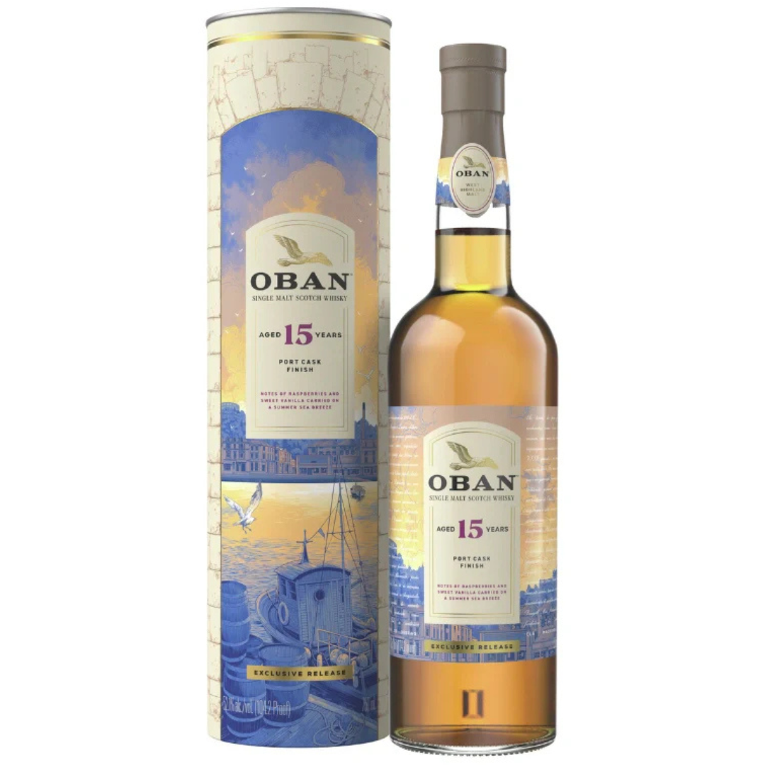 A bottle of Oban 15 Year Old Port Cask Finish Scotch Whisky Limited Exclusive Release stands beside its decorative blue and yellow box featuring coastal artwork, highlighting this special edition from Oban.