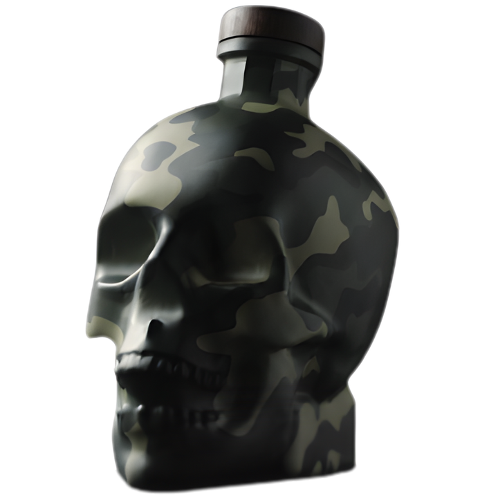The Crystal Head Vodka Camo Veteran Tribute Limited Edition features a skull-shaped bottle with a camouflage pattern and dark cap—an ideal collectible from Crystal Head Vodka.
