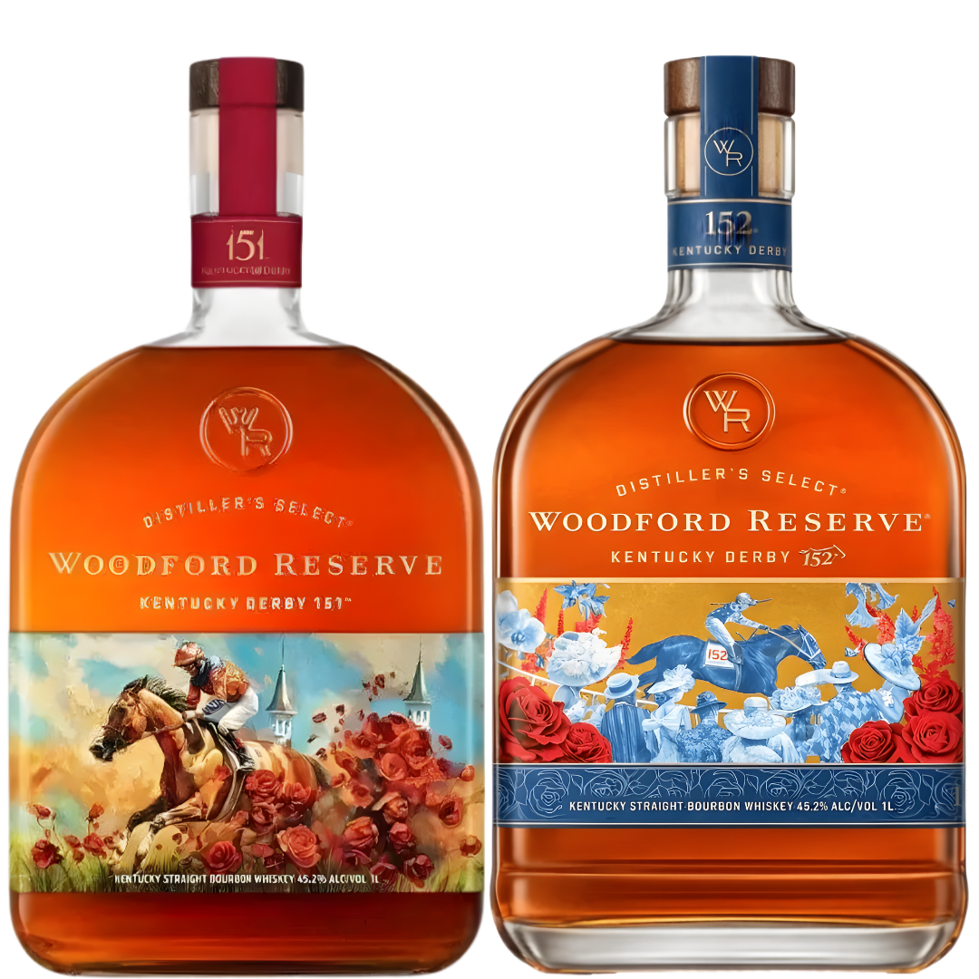 The Woodford Reserve Kentucky Derby 151 &amp; 152 Limited Edition Bourbon Bundle 1L features two exclusive bottles with distinctive Derby designs, including colorful rose motifs and commemorative artwork on each label.