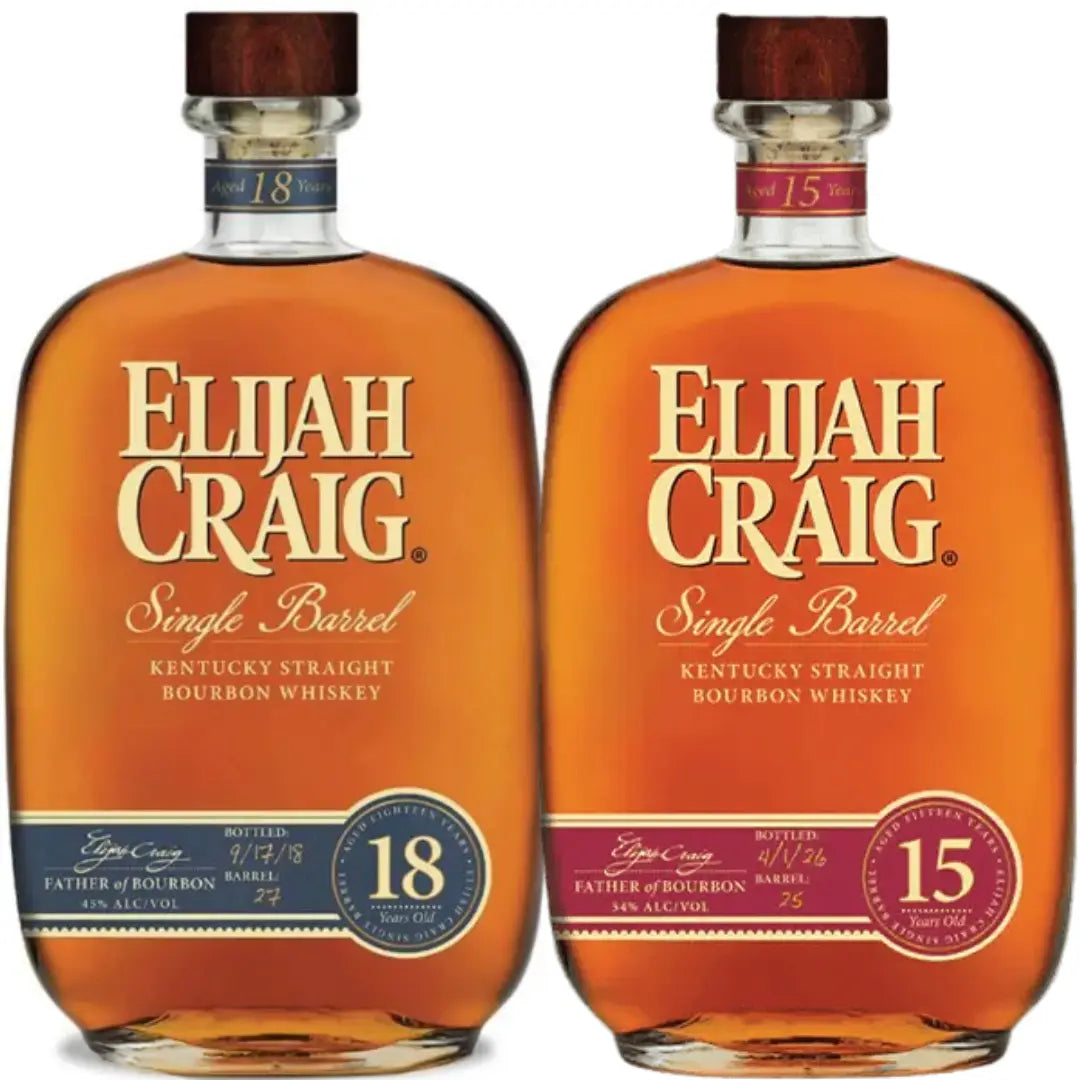 The Elijah Craig 15 & 18 Year Single Barrel Kentucky Straight Bourbon Whiskey Bundle includes two bottles, each with distinct red and blue labels and elegant gold and white text on the front.