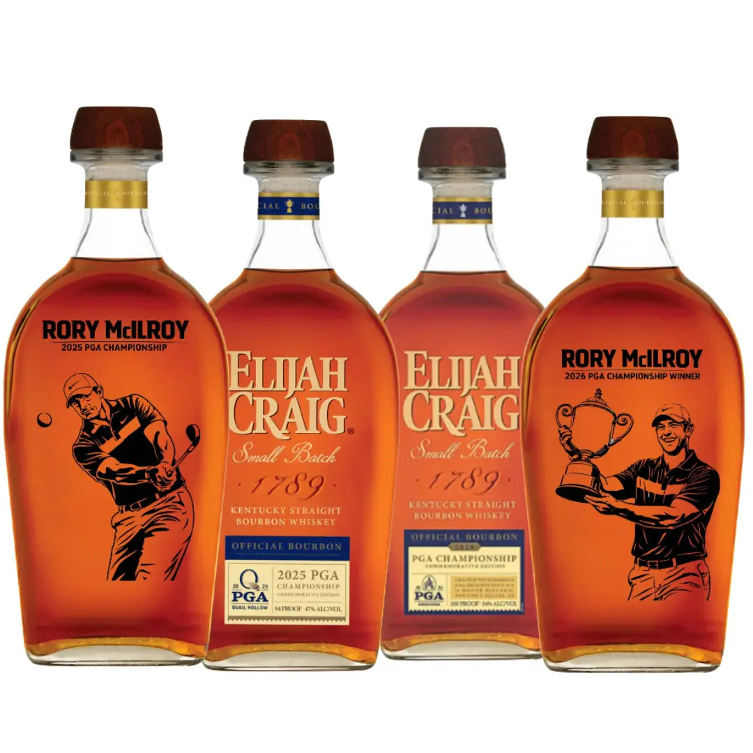 The Elijah Craig Master’s Bundle features two 2026 and two 2025 PGA Championship Rory McIlroy etched Small Batch Bourbon bottles by Elijah Craig.