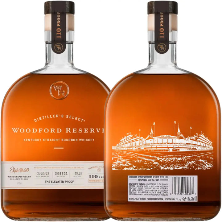 Two bottles of the Woodford Reserve Derby Bundle: Kentucky Derby 152 Edition Golden Tempo, 110 Proof “The Elevated Proof,” Double Oaked Single Barrel Strength “BML” Barrel Pick. Front label and back Churchill Downs illustration shown.