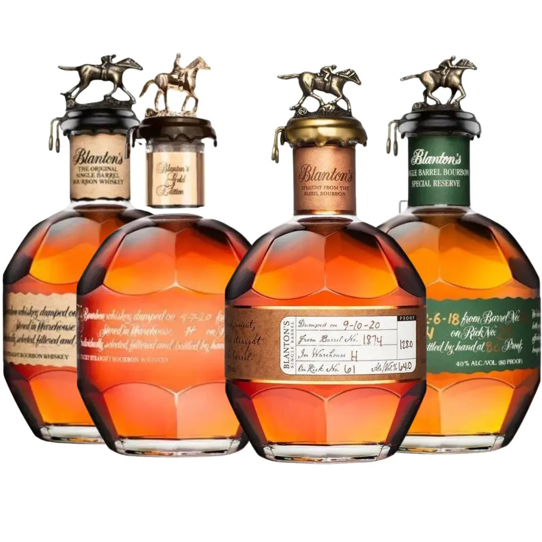 The Four Horsemen: Blanton's Original, Gold, SFTB, and Green—four single barrel bourbons from Blanton's, each with unique labels and iconic horse and jockey stoppers—are arranged side by side on a white background.