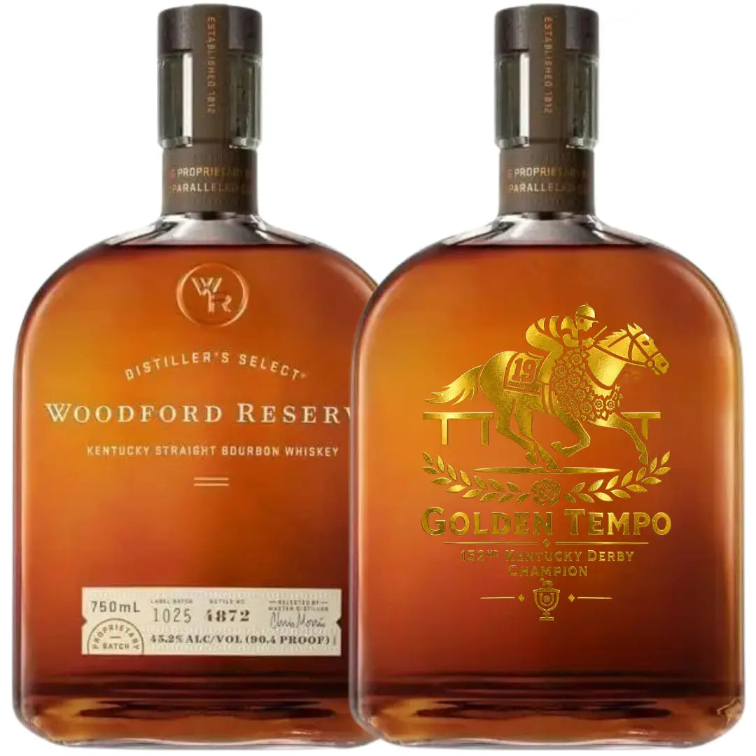 Two 1L bottles of Woodford Reserve Kentucky Straight Bourbon: one standard, and one Golden Tempo Champion Edition—a special Kentucky Derby commemorative bottle featuring a jockey and horse illustration.