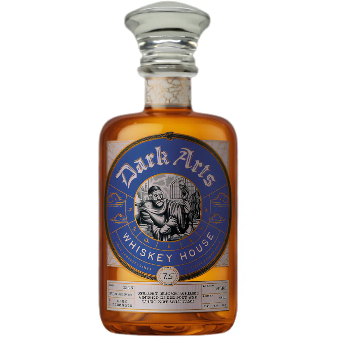 A bottle of Dark Arts Whiskey House The Empyrean Volume 2 Dual Port Finished Bourbon featuring a blue and gold label with a wizard illustration and a clear glass stopper on top.