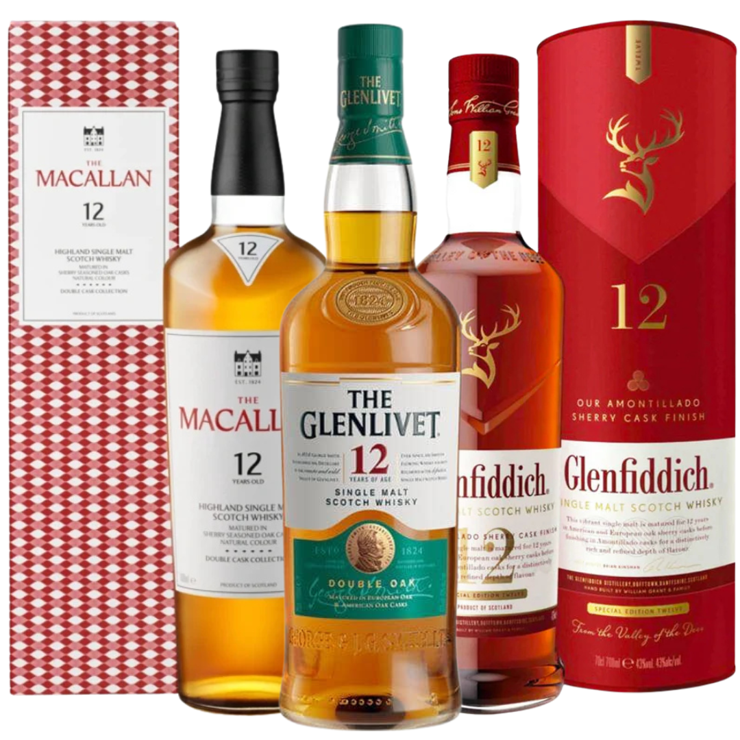 The Scotch Collector Starter Pack from Main Street Liquor includes The Macallan 12 Double Cask, Glenfiddich 12 Sherry Cask, and The Glenlivet 12, each in its branded box—ideal for anyone wanting to explore top single malt Scotch whiskies.