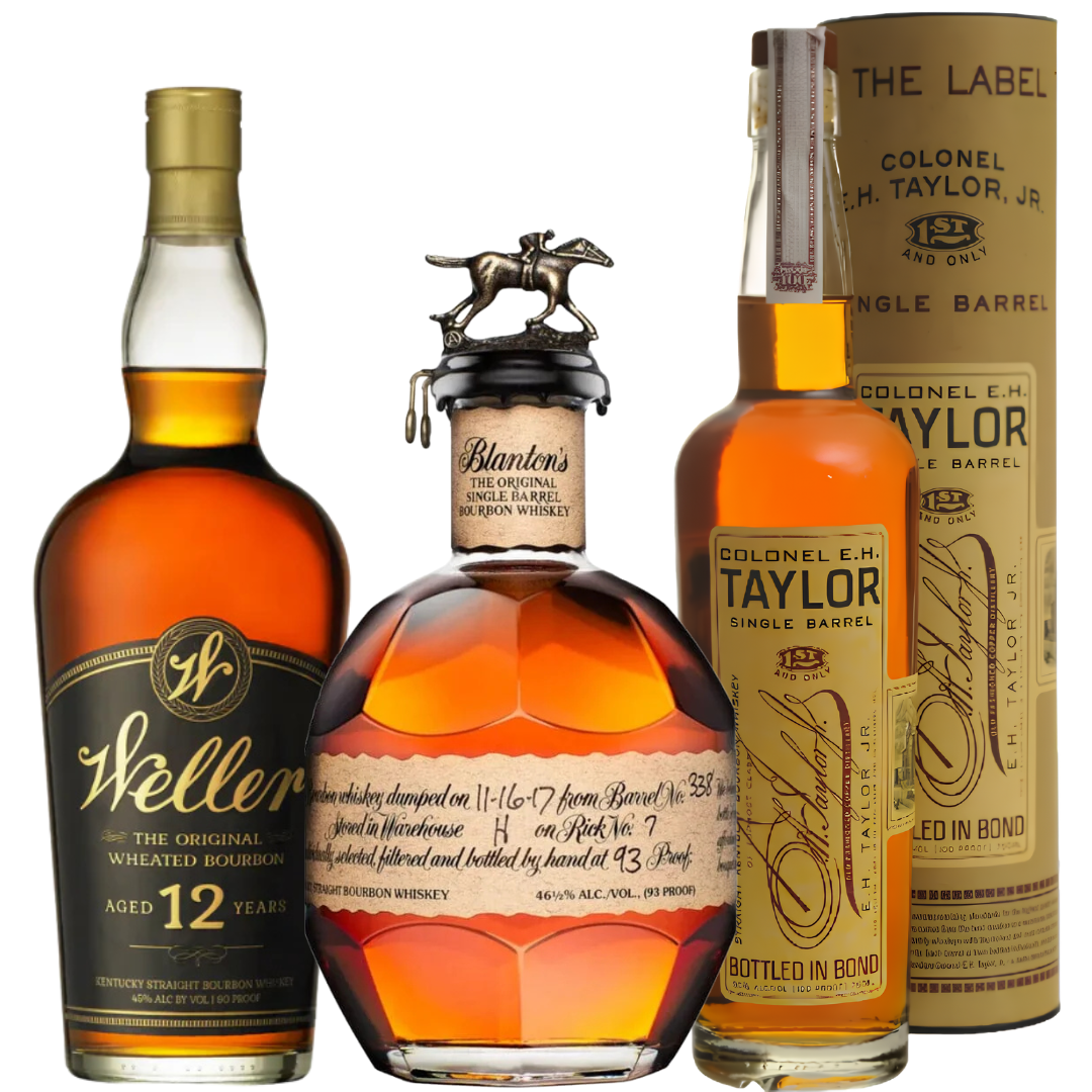 The Bourbon Collector Premium Pack by Main Street Liquor features Blanton’s Original, Weller 12 Year Old, and Colonel E.H. Taylor Jr. Single Barrel bourbons, with E.H. Taylor displayed in its signature cylindrical box in the background.