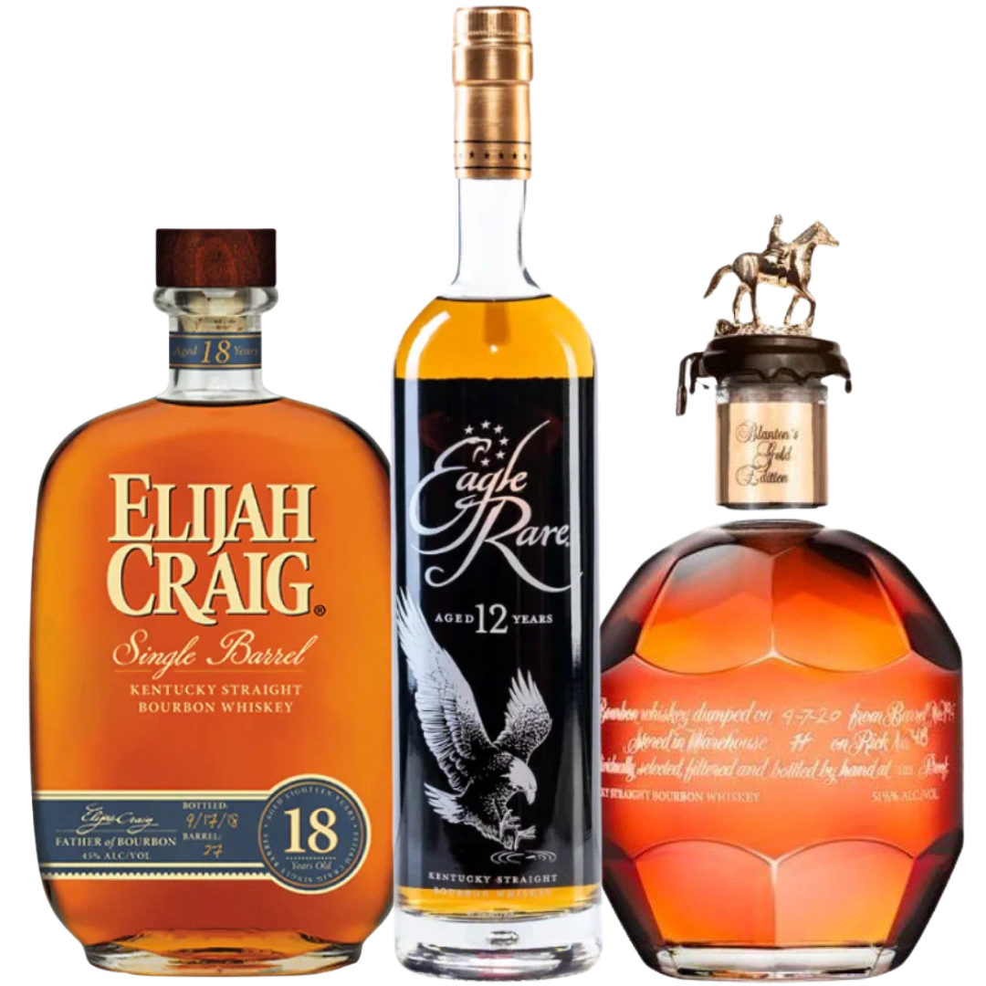 The Bourbon Diamond Collector Pack from Main Street Liquor features Blanton's Gold Edition, Eagle Rare 12, and Elijah Craig 18 Single Barrel—three prized Kentucky bourbons for collectors.