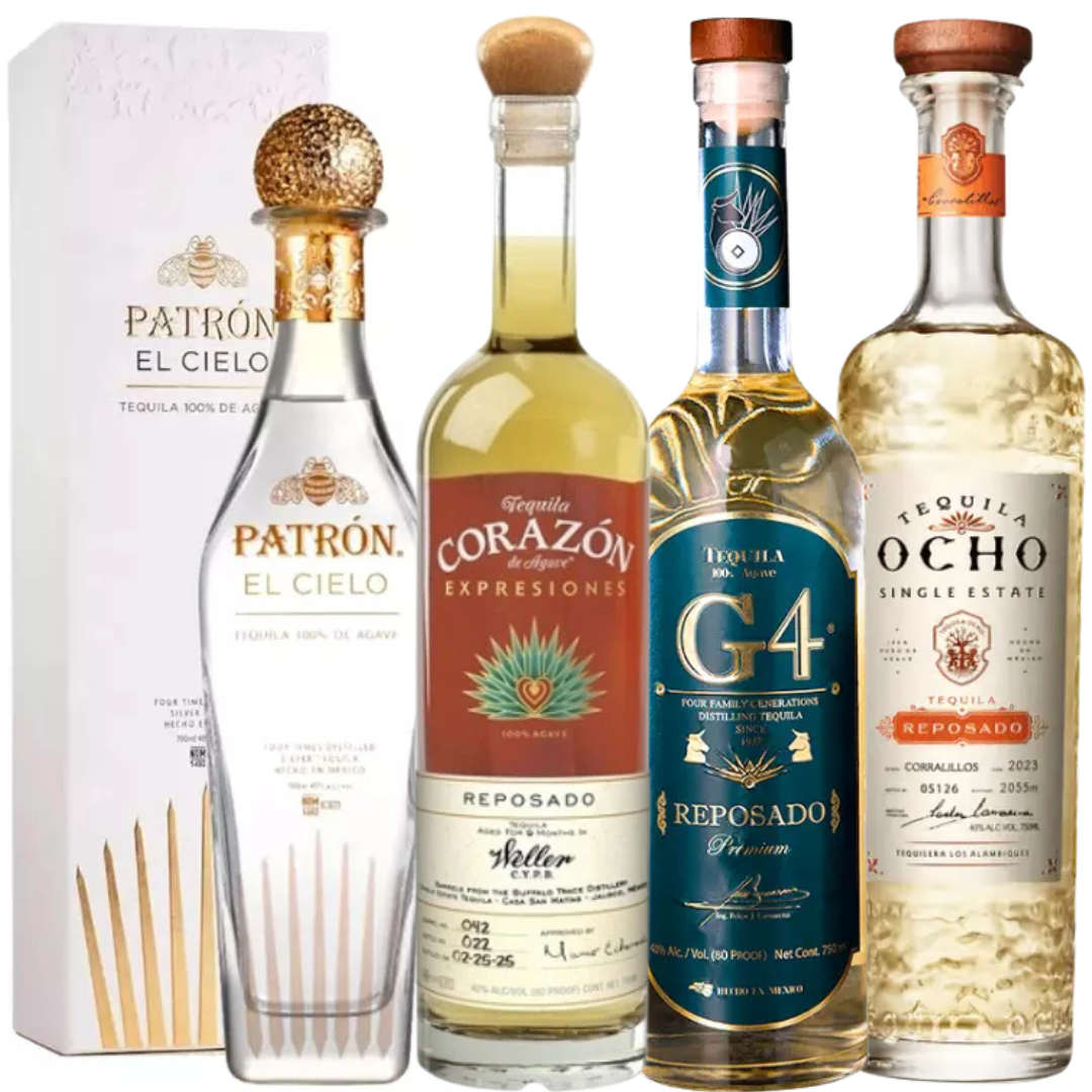 The Main Street Liquor Tequila Collector Starter Pack features Tequila Ocho Reposado, G4 Reposado, Corazón Weller C.Y.P.B. Reposado, and Patrón El Cielo—an ideal premium bundle for tequila enthusiasts.