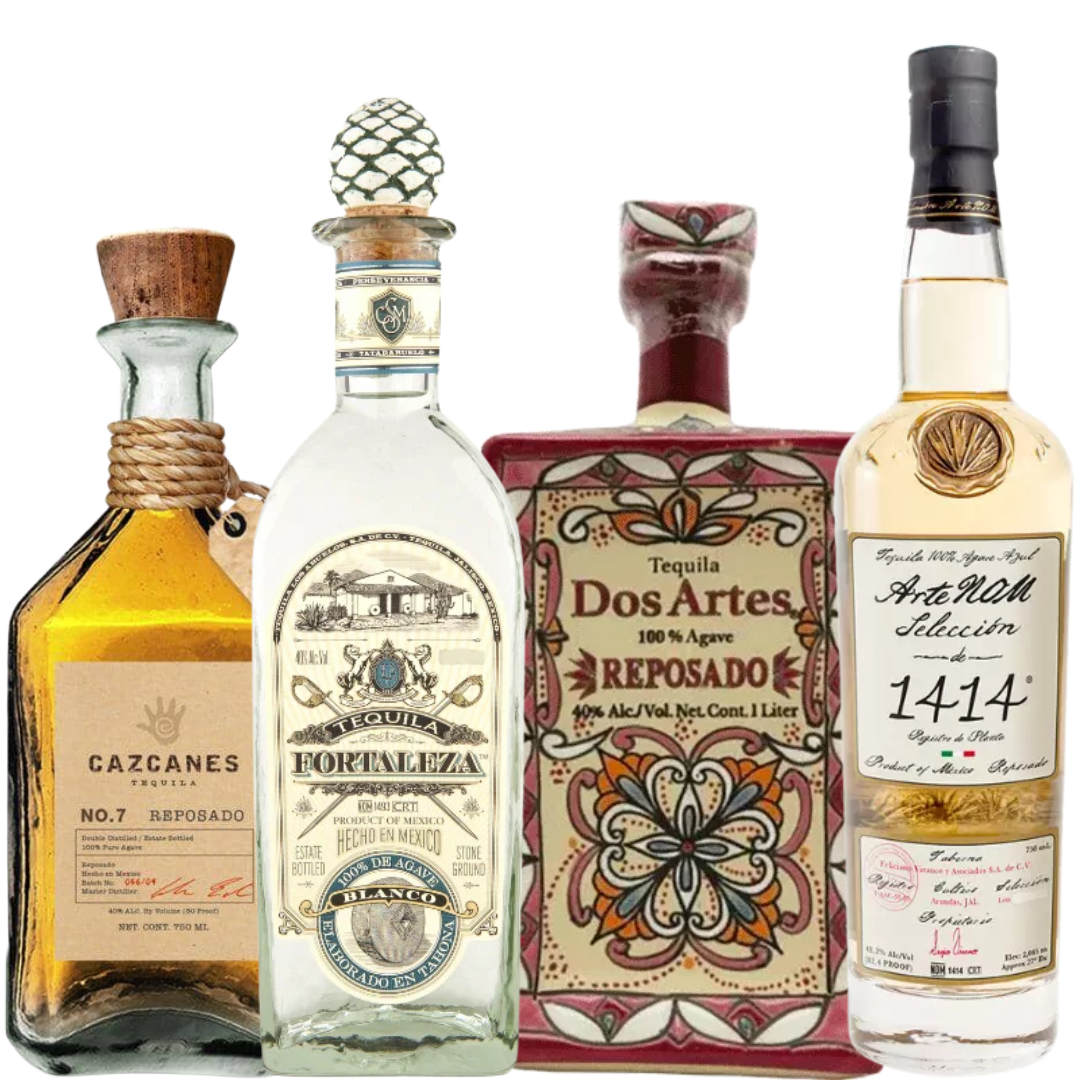 The Tequila Collector Premium Pack by Main Street Liquor features Fortaleza Blanco, Cazcanes No. 7 Reposado, Dos Artes Reposado, and ArteNOM Selección de 1414 Reposado—each with unique bottle designs for a striking tequila collection.