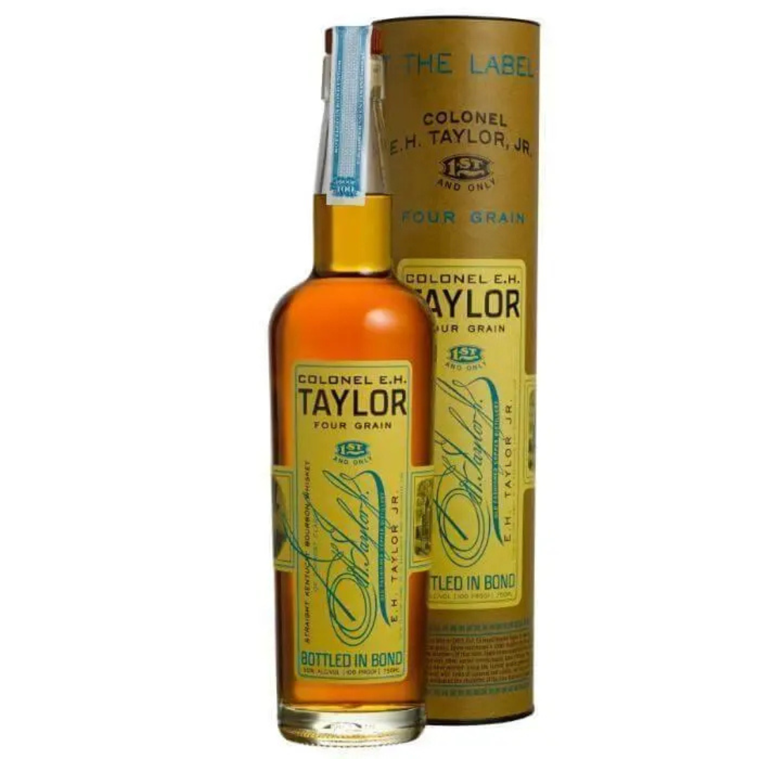 A bottle of Colonel E.H. Taylor, Jr. Four Grain 2026 Release Bourbon Whiskey 750mL is displayed in front of its matching cylindrical box, both featuring yellow labels with blue and black text and design elements.