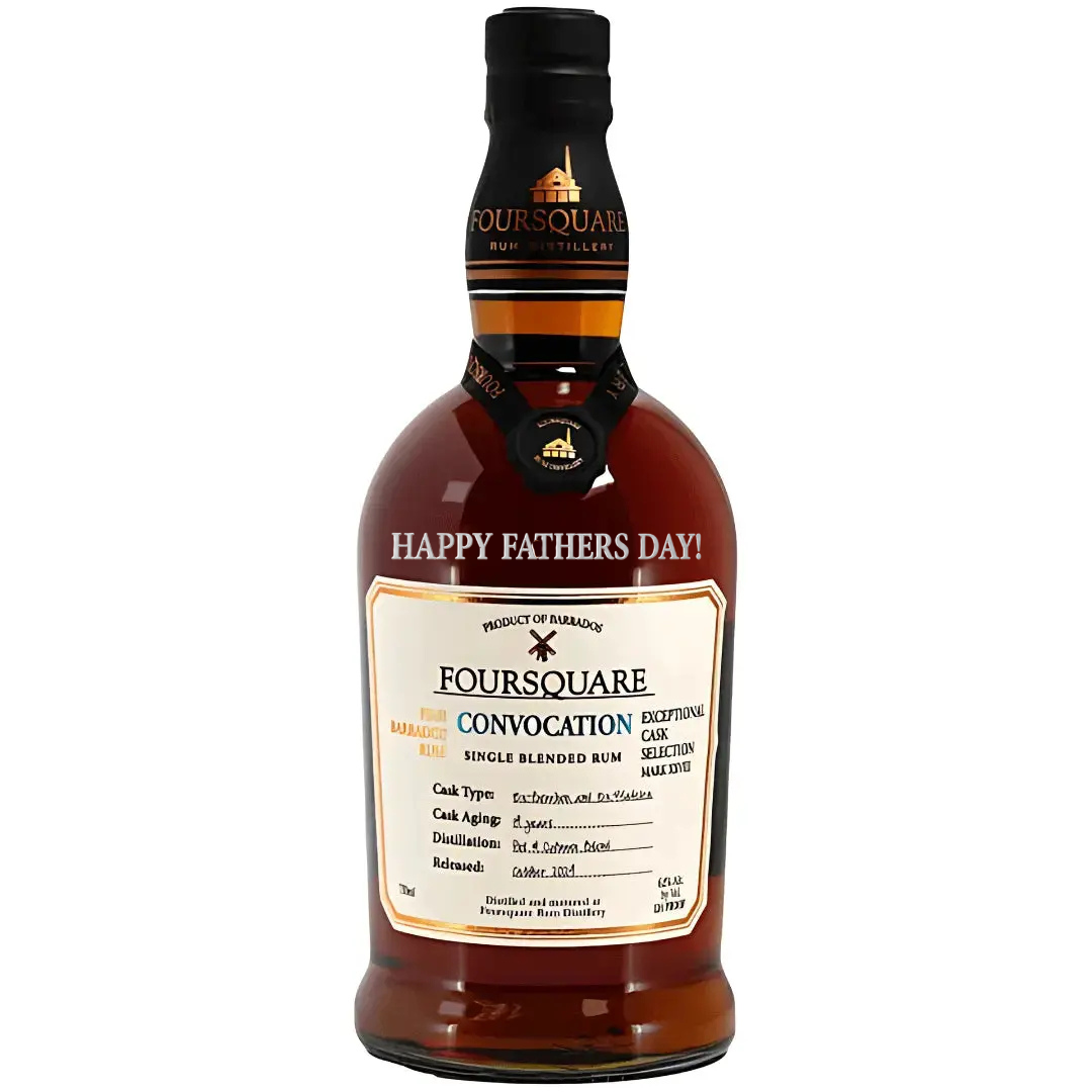 A Foursquare Rum Distillery Convocation Exceptional Cask Selection Mark XXVIII Rum 2026 bottle with a maroon cap and "HAPPY FATHERS DAY!" engraved on the neck, shown against a white background.