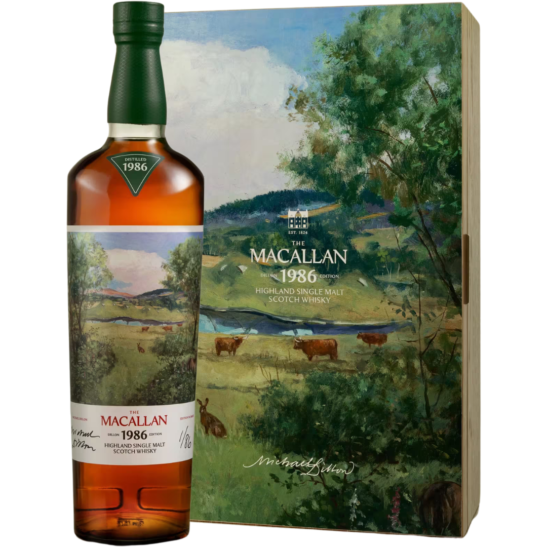 A bottle of The Macallan Romantica Collection The Macallan Estate by Michael Dillon stands before its box, which displays a pastoral landscape painting with hills, trees, and grazing cattle.