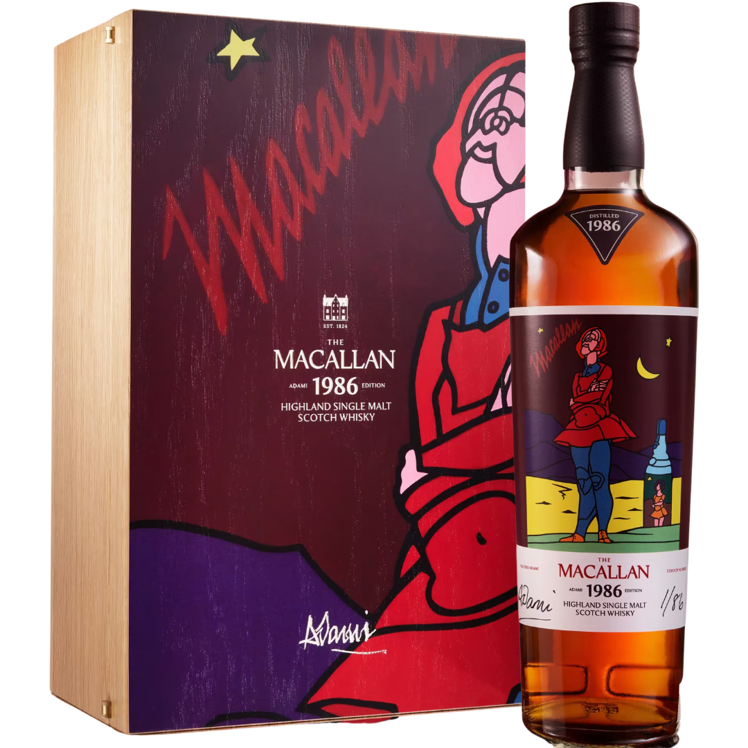 A bottle of The Macallan Romantica Collection Romantica by Valerio Adami single malt whisky stands beside its artfully decorated box, both showcasing bold modern artwork and The Macallan branding.