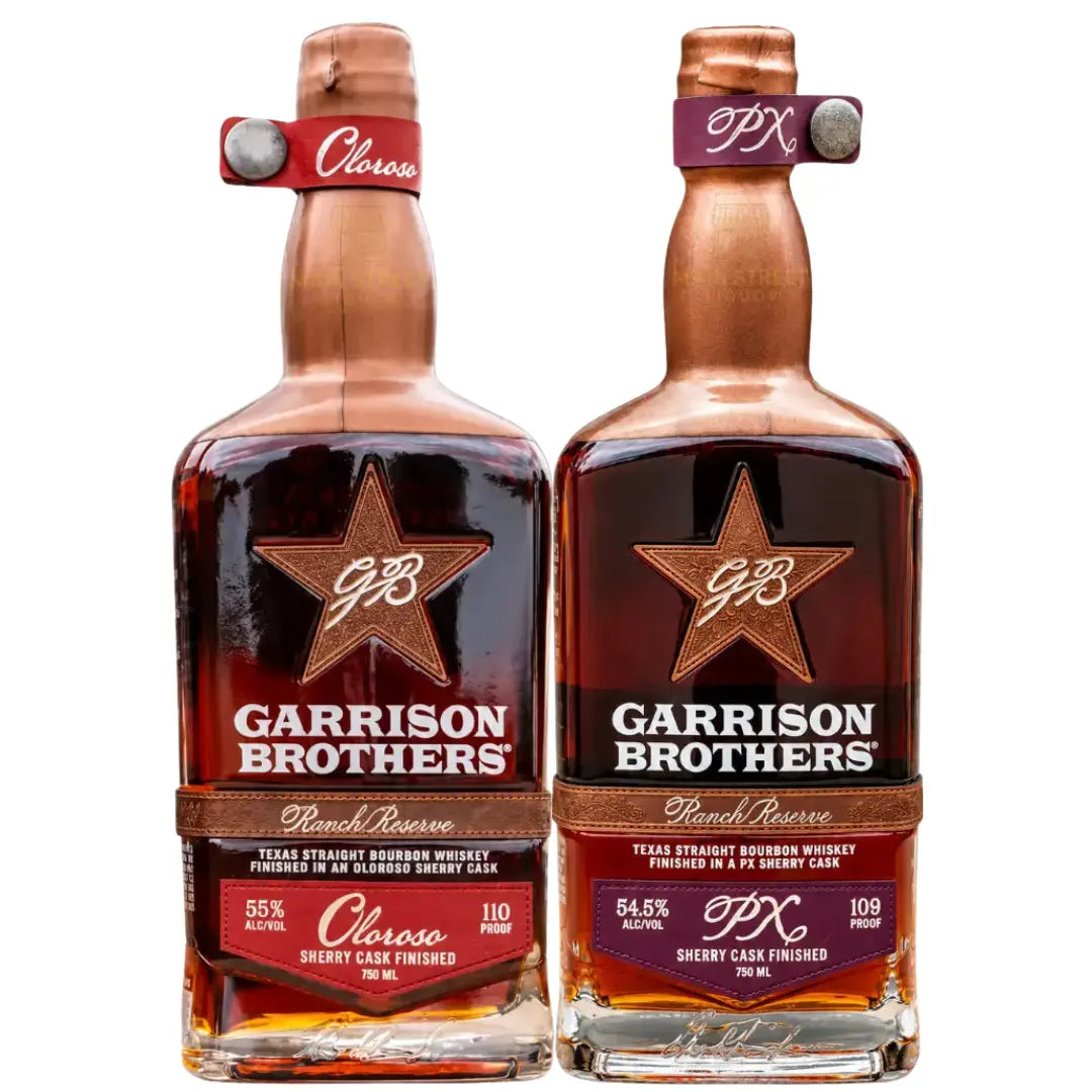 Garrison Brothers Ranch Reserve Sherry Cask Bundle includes Oloroso and PX straight bourbon, both sherry cask finished. Each bottle has embossed leather bands, star logos, and displays alcohol content and proof.
