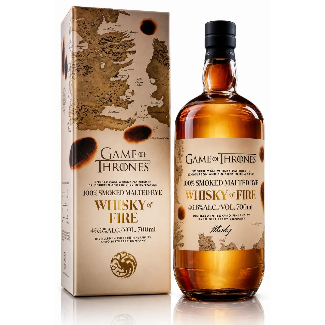 A 700mL bottle and box of Kyrö x Game of Thrones Whisky of Fire (PRE-ORDER) by Kyro Distillery, made with 100% smoked malted rye (46.6% ABV), features a burnt parchment design with a dragon—perfect for true fans.