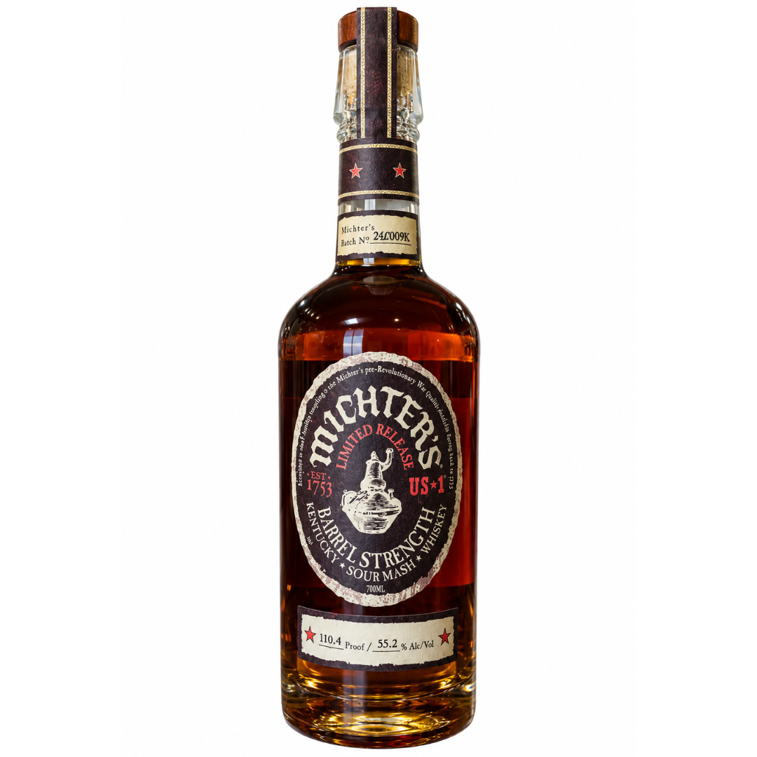 A 700mL bottle of Michter’s US1 Barrel Strength Kentucky Sour Mash Whiskey 2026 Release, featuring a dark label with gold and red accents and an amber liquid, showcases the Michter's brand.