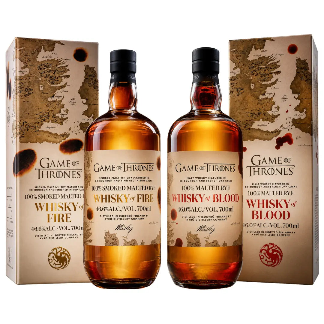 The Kyrö x Game of Thrones Whisky of Fire &amp; Blood Bundle (PRE-ORDER) from Main Street Liquor features two bottles with matching map-and-sigil boxes—a dramatic set perfect for any fan and inspired by Finnish rye whisky tradition.