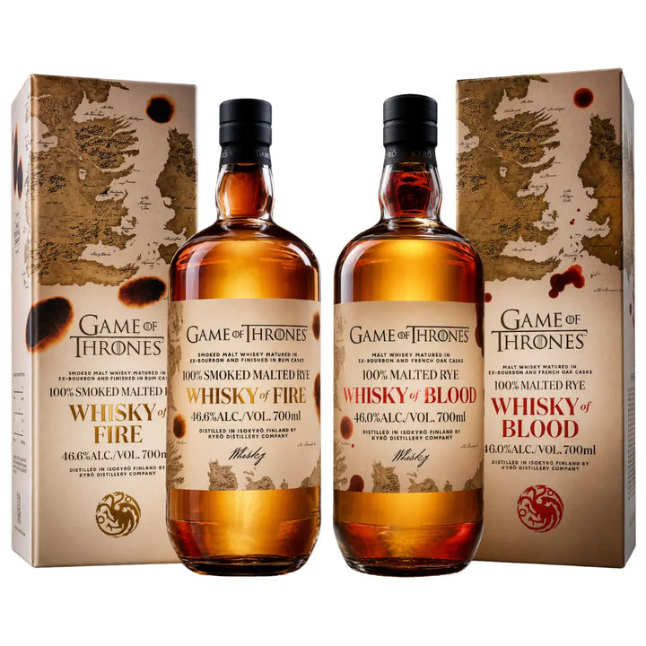 The Kyrö x Game of Thrones Whisky of Fire &amp; Blood Bundle (PRE-ORDER) from Main Street Liquor features two bottles with matching map-and-sigil boxes—a dramatic set perfect for any fan and inspired by Finnish rye whisky tradition.