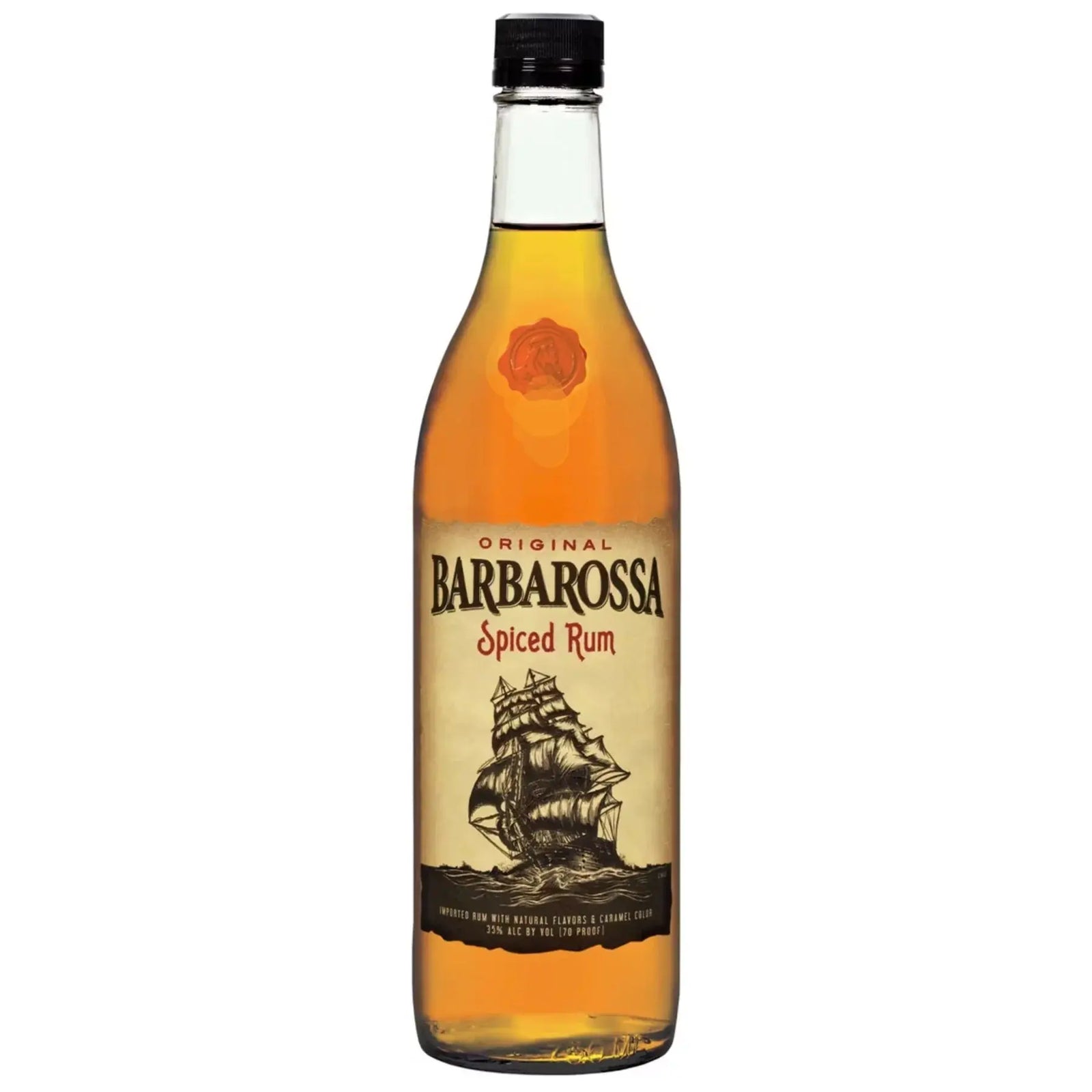 A clear 1L bottle of Barbarossa Spiced Rum, a popular choice for cocktails from the brand Barbarossa, showcases a bold ship illustration on the label and an orange wax seal design near the top. The amber-hued spiced rum inside stands out visually.