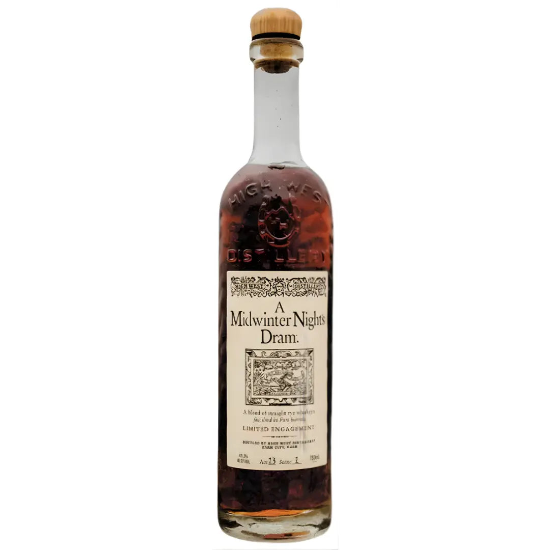 A bottle of High West A Midwinter Night’s Dram Act 13 Scene 6 Rye Whiskey Limited Engagement by High West Distillery, featuring a wooden cork, cream label with black text, and containing dark amber whiskey.