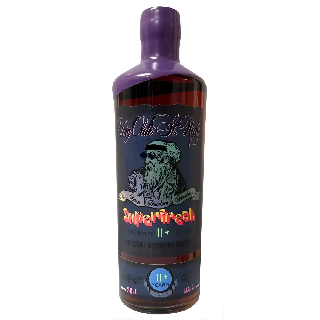 A bottle of Olde St. Nick’s Very Olde St. Nick Superfreak 11+ Year Kentucky Straight Bourbon Whiskey with a purple wax seal and a label showing a bearded figure in sunglasses and a hat.