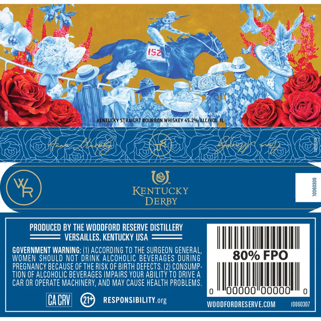 The Woodford Reserve Kentucky Derby 152 Edition 1L whiskey label features red roses, blue and white horses with jockeys, stylized leaves, and the Woodford Reserve logo. Text includes a government warning, barcode, and 80% FPO box.