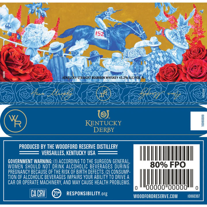 The Woodford Reserve Kentucky Derby 152 Edition 1L (PRE-ORDER) features a vibrant label with blue-toned jockeys on horses, red roses, golden accents, and standout Woodford Reserve branding above government warnings and a barcode.