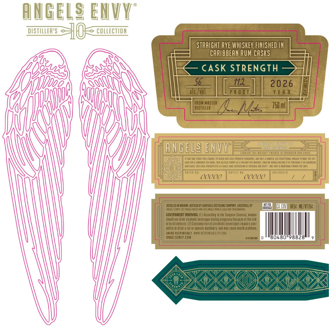 A set of Angel’s Envy Rye Cask Strength Caribbean Rum Cask Finish 2026 labels features gold and green designs, a barcode, stylized text, and large pink outlined angel wings—highlighting this special release from Angel’s Envy.