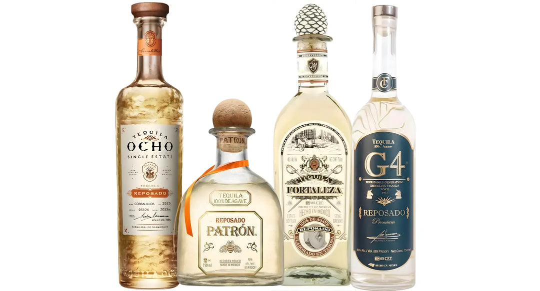Four bottles of tequila—Tequila Ocho, Fortaleza, G4, and Patrón—are displayed side by side as the Additive-Free Tequila Reposado Bundle from Main Street Liquor, each featuring distinct labels and unique bottle shapes.