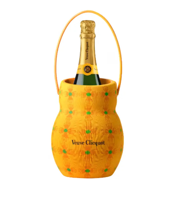 The Veuve Clicquot Brut The Sun Holder Cooler Champagne Bucket 750mL by Veuve Clicquot features a vibrant yellow, pineapple-patterned bucket with handle—an ideal champagne gift set for any celebration.