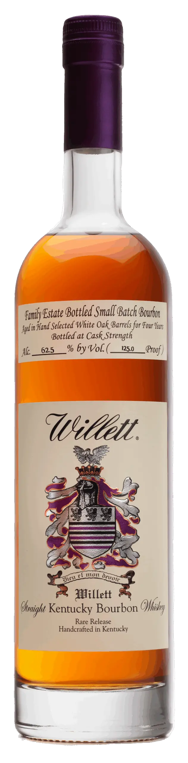A 750ml bottle of Willett Family Estate Small Batch Bourbon 4 Year Cask Strength by Willett Distillery, featuring a cream label, purple wax seal, detailed family crest, and rich amber bourbon inside.