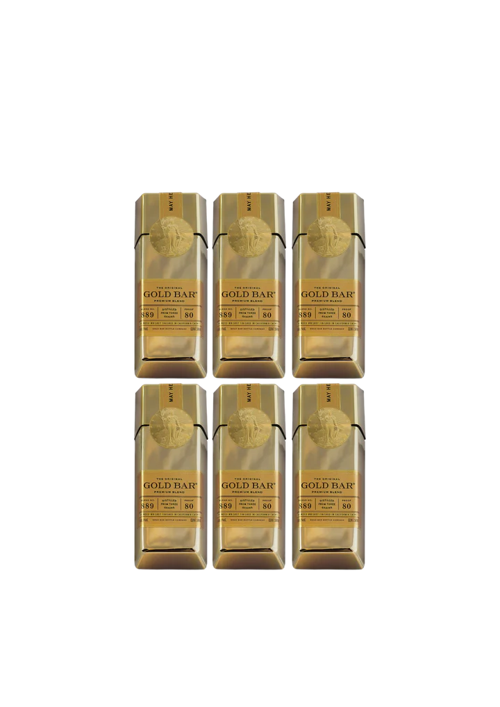 Six Gold Bar Original Mini 6-Pack bottles by Gold Bar are arranged in two rows of three on a plain white background, each featuring embossed text and a circular design on the top half.